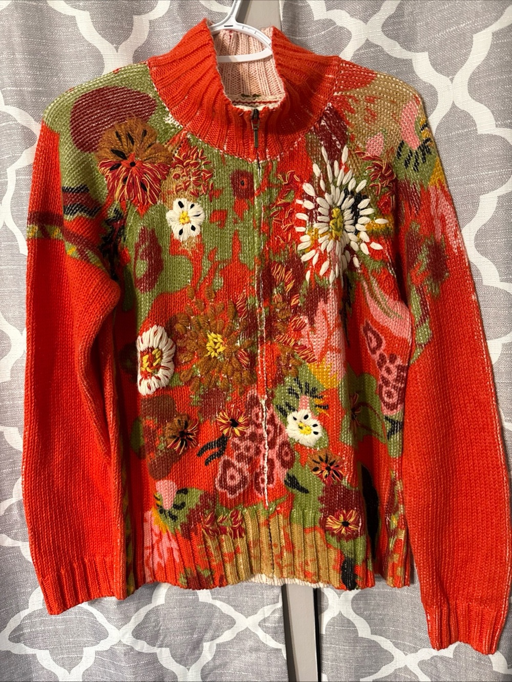 Vintage Coldwater CreekEmbroidered Floral Cotton Zip Up Cardigan Winter Sz M O26